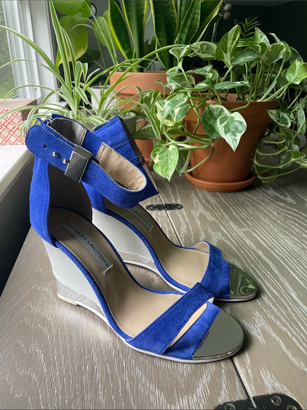 Chinese Laundry Cobalt Suede Ankle-Strap Wedge Sandals with Silver Toe